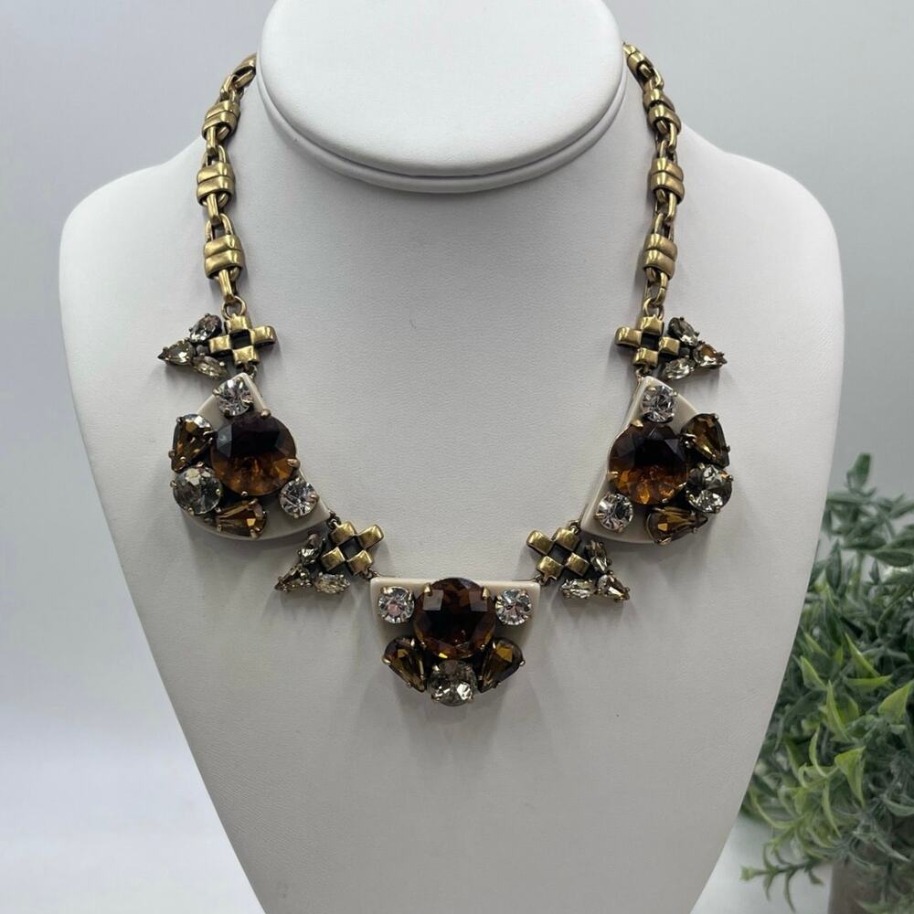 J. Crew Gold Tone Taupe Brown Gray Topaz Rhinestone Chunky Statement‎ Necklace